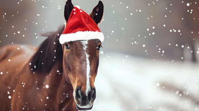 Brown horse wearing red Santa hat looking at camera in falling snow for Christmas card, veterinary or holiday farm