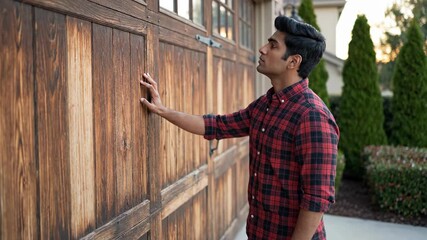 Man reaches out to wooden garage door in outdoor area. Warm light from sunset enhances details of wood. Concept of home improvement, construction, residential services