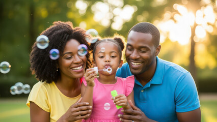 Fototapeta premium Happy African American family with young daughter blowing bubbles in park at sunset, joyful outdoor recreation high quality,4K