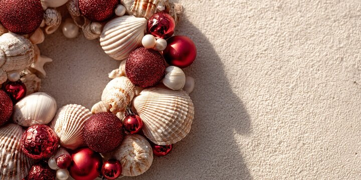Festive seashell Christmas wreath with red ornaments on sandy background