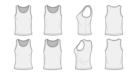 Basic tank top design study showing front back and side views in a clean sketch style for garment illustration and fashion design reference.