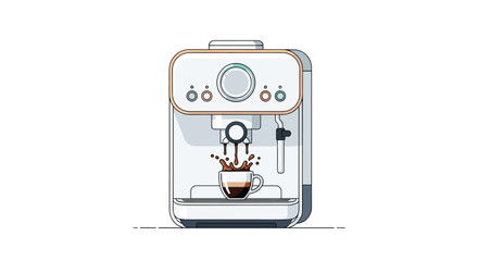 Fototapeta premium Compact espresso machine brews a rich shot into a steaming cup on a modern kitchen counter while indicator lights glow softly.