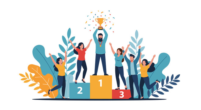 Cheering team members celebrate a first second and third place finish on a colorful podium with arms raised and a shining trophy held high above the crowd.