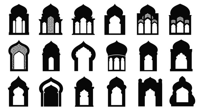 Collection of black silhouettes showing a variety of pointed and ogee arches used in architectural design and ornamental windows.