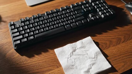 Wipes keyboard with paper towel on wooden desk in workspace. Clear setting shows work essentials and attention to cleanliness. Concept of office hygiene, workspace maintenance, productivity