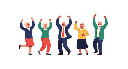 Fototapeta premium Group of joyful elderly people dancing together with raised arms and smiles in bright outfits celebrating friendship and energy.