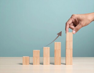 Hand stacking wooden blocks to form a rising bar chart with an upward arrow
