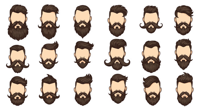 Grid of twenty bearded male icons displaying a wide range of moustache and beard styles for avatars and stylish retro barber themed designs.
