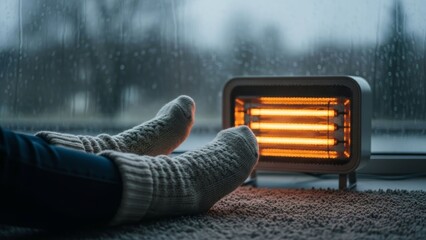 Cozy indoor scene with warm electric heater and hand blanket near window