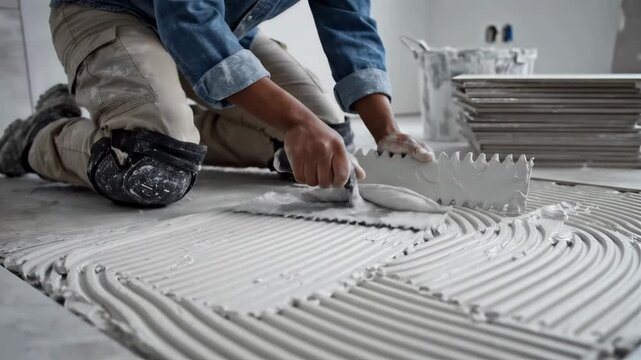 Worker spreads adhesive on clean floor while preparing for tile installation. Work area has plain walls with stacks of tiles. Concept of construction, renovation, flooring business