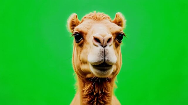 Close-up of camel's face with green background