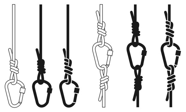 carabiner and rope attached, silhouette and line style, vector illustration isolated on white background.