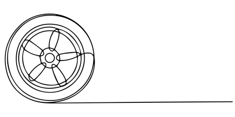 Car wheel icon line continuous drawing vector. One line Car wheel icon vector background. Disc icon. Continuous outline of a Car wheel icon, Wheel continuous one line drawing. Automobile tire symbol.  © Parboti