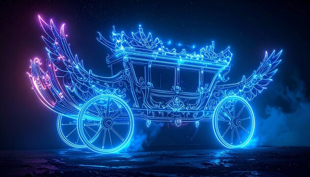 Neon blue line art fantasy of flying chariot