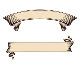 Classic beige vintage curved and straight ribbon banners for elegant design elements isolated on white background, Vector