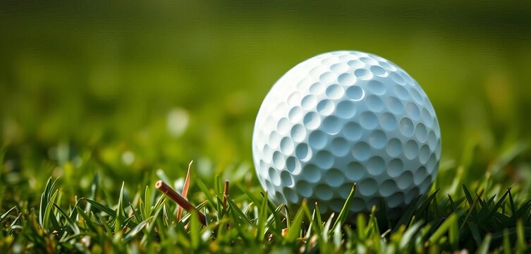 Close-up of a dimpled golf ball resting on green grass,  equipment,  surface