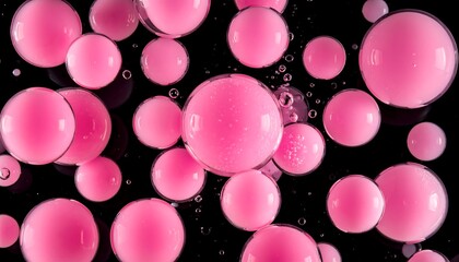 Collection of pink spheres, some with translucent layers, floating in dark space, creating a unique abstract composition