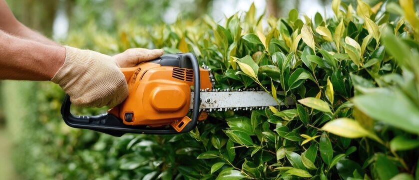 Man uses electric hedge trimmer to cut hedges in garden during day while holding device with both hands for maintenance of greenery and landscaping