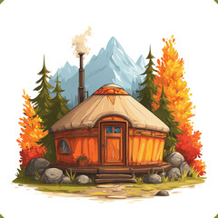 Vector illustration of a cozy yurt cabin in mountain forest with wooden deck and chimney smoke, outdoor travel glamping concept, isolated on a white background