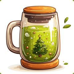 Vector illustration of a thermos travel mug with herbs, mug with a lid, for food packaging and grocery design, isolated on a white background