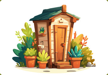 Vector illustration of an off-grid composting toilet hut with wooden walls, stone base and leafy surroundings, eco outdoor structure, isolated on a white background