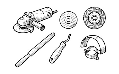Hand-drawn power tool accessories sketch: grinder, discs, and protective guard