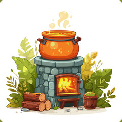 Vector illustration of an outdoor wood stove with stone base, burning fire and large cooking pot surrounded by garden plants, rustic cooking setup, isolated on a white background