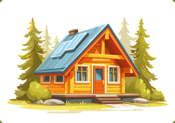 Vector illustration of a tiny wooden cabin with solar panels on the roof, surrounded by forest trees and greenery, eco off-grid housing, isolated on a white background