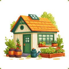 Vector illustration of an off-grid greenhouse with glass roof, potted plants, vegetables and flowers around the entrance, eco gardening concept, isolated on a white background