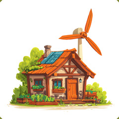 Vector illustration of a wooden eco house with solar panels and a wind turbine surrounded by plants and garden elements, sustainable living concept, isolated on a white background