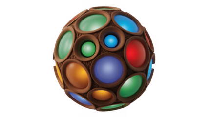 Colorful sphere with multicolored circles 3D brown surface green isolated on a transparent background