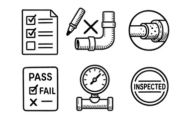 Hand drawn plumbing inspection icons with checklist and gauge