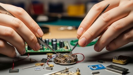 Close-up of hands meticulously repairing a small electronic component with precision tools.