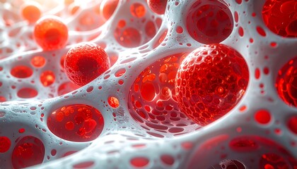 Close-up view of red spheres suspended within a porous white structure, illuminated by bright light