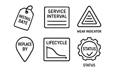 Obraz premium Maintenance reminder icons: service interval, lifecycle, wear indicator, and status symbols