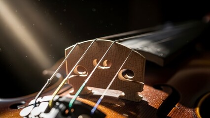 Close up of a vintage bass guitar headstock with tuning pegs and strings.