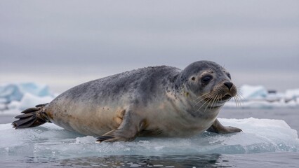 Seal rests on ice in a cold environment under gray skies near the Arctic in early winter