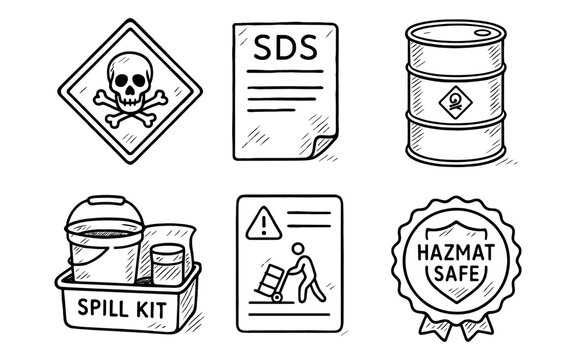 Hand-drawn safety symbols: hazmat, spill kits, and hazardous materials signage