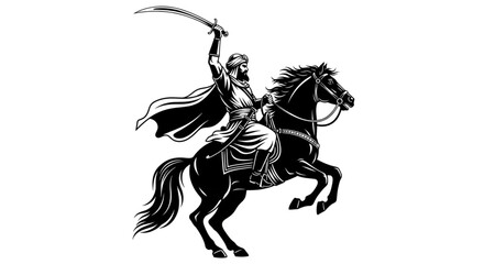Fototapeta premium Epic Historical Warrior on Rearing Horse Wielding Sword Courage Strength and Victory Logo Design