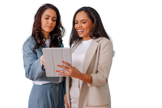 Diverse businesswomen collaborating, discussing content on a digital tablet, sharing ideas for teamwork and executive strategy - Powered by Adobe