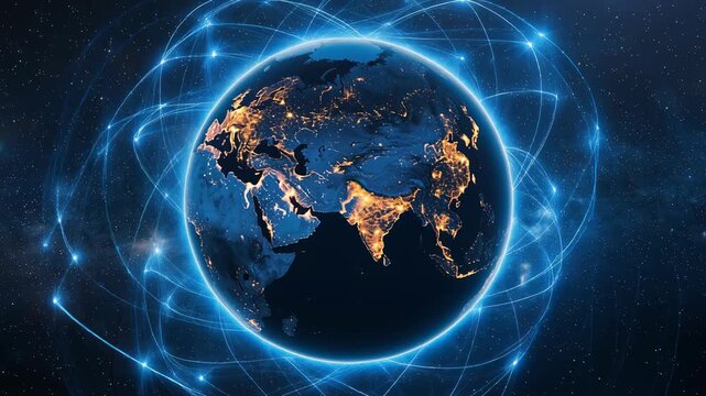 Stunning view of Earth in space illuminated with city lights and a blue energy aura, perfect for technology and global connection themes