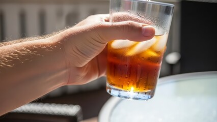 Close up of a hand holding a glass of iced tea.