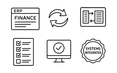 Erp finance icon set with checklist and systems integrated concepts