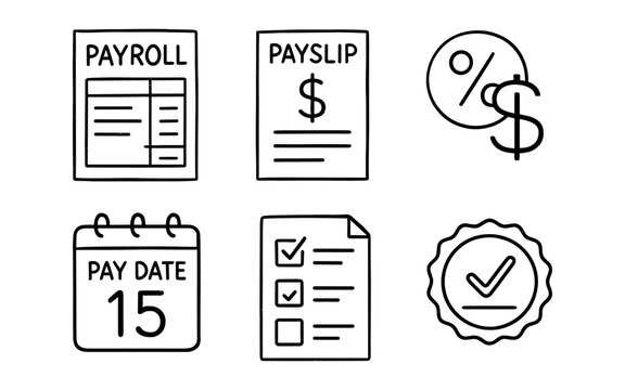 Simple line icons: payroll, payslip, finance symbols on white background