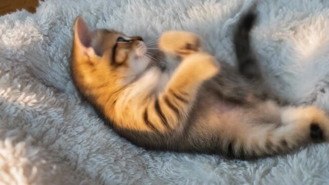 Cute playful kitten lying on soft blanket, adorable pet photography for animal lovers and cat enthusiasts