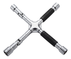 Adjustable cross lug wrench with pivoting arms for diverse bolt sizes in vehicle repair.