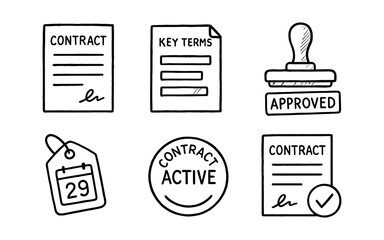 Hand drawn contract icons with approval stamp and calendar date