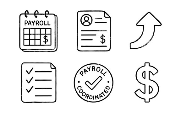 Hand drawn payroll and finance icon set with checklists and dollar signs