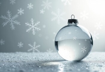 Christmas and New Year silver background with transparent 3d Christmas ball and snow, card template with place for text or your product, template for greeting poster or banner