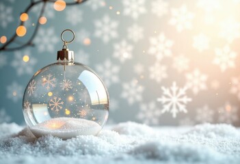 Christmas and New Year light background with transparent 3d Christmas ball and snow, card template with place for text or your product, template for greeting poster or banner